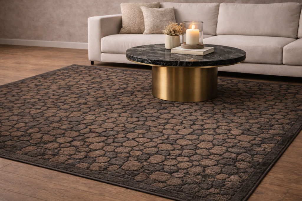 Modern vloerkleed in rustige woonkamer met lichte designbank en luxe salontafel